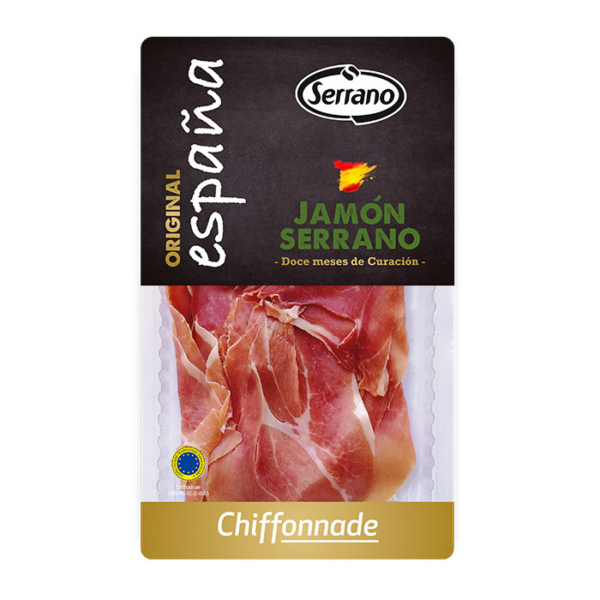 Cūkgaļas šķiņķis SERRANO Chiffonnade ES 10.02007/V UE, 100g (12gab/kaste)