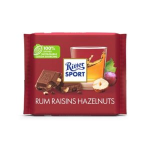 Šokolāde lazdu riekstu RITTER SPORT ar rozīnēm un rumu, 100g