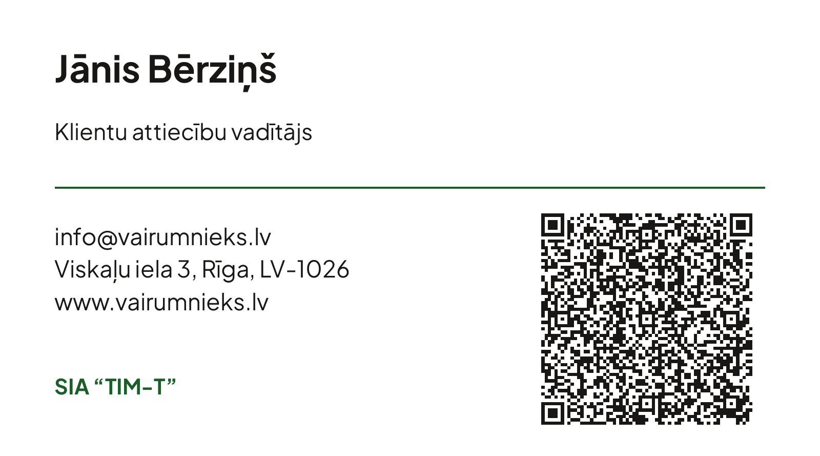 Garena Vairumnieks vizītkarte — kontaktinformācija kreisajā pusē un melns vCard QR labajā pusē
